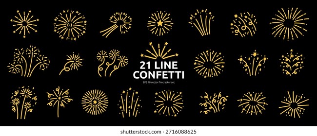 Gold Doodle Сonfetti Firecracker Icon Kit. Bright Hand Drawn Celebrate Firework Element Bundle in Black Background. Yellow Line Vector Illustration Set