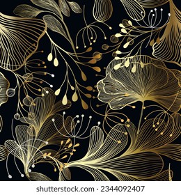 Gold doodle lines flowers and leaves seamless pattern. Vector ornamental spring summer beautiful background. Hand drawn abstract doodle line art flowers, leaves, branches. Luxury endless texture.