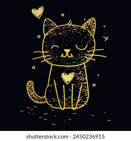 Líneas de garabato de oro dibujado a mano lindo gatito de dibujos animados con corazones de amor. Estilo brillante texturado hermoso patrón de moda ilustración de fondo con líneas doradas sonriendo pequeño gato. Diseño de grunge adornado.