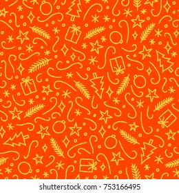 Gold doodles on red background. Vector hand drawn seamless pattern