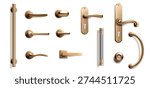 Gold door handle collection with various designs on white background