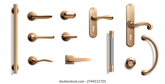 Gold door handle collection with various designs on white background