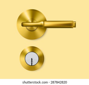 Gold door handle and door lock. Isolated. Vector illustration.