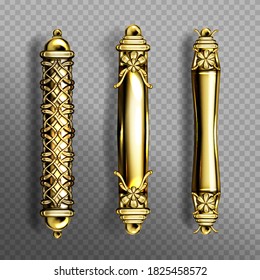 Gold Door Handles In Baroque Style, Classic Ornate Luxurious Oriental Column Knobs Isolated On Transparent Background. Vintage Golden Doorknobs, Yellow Metal Jewelry Home Decor, Realistic 3d Vector