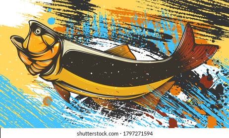 Gold dorado fishing  logo. Salminus brasiliensis fish club emblem. Fishing theme illustration. Isolated on white.