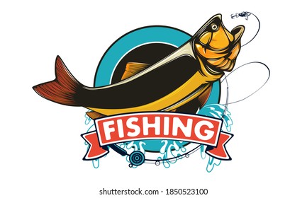 Gold Dorado Fishing  Logo. Salminus Brasiliensis Fish Club Emblem. Fishing Theme Illustration. Isolated On White.