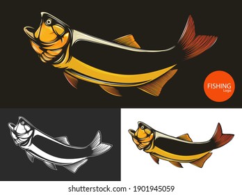 Gold dorado fishing  logo. Salminus brasiliensis fish club emblem. Fishing theme illustration. Isolated on white.