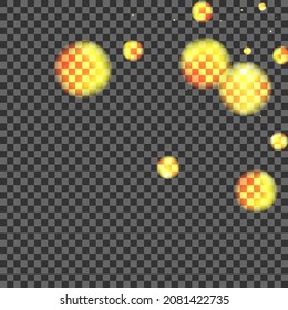 Gold Dot Background Transparent Vector. Flare Starburst Illustration. Pattern Design. Orange Spot Sunshine Card. Golden Sparks.