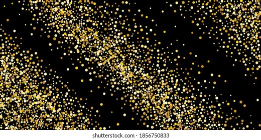 Gold dot confetti. Luxurious festive background. Abstract texture of golden grain shimmers on a black background. Design element. Vector illustration, EPS 10.