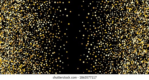 Gold dot confetti. Luxurious festive background. Abstract texture of golden grain shimmers on a black background. Design element. Vector illustration, EPS 10.