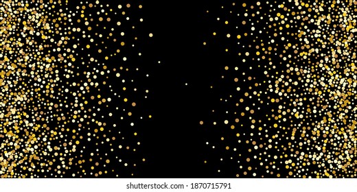 Gold dot confetti. Luxurious festive background. Abstract texture of golden grain shimmers on a black background. Design element. Vector illustration, EPS 10.