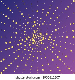 Gold Dot Confetti On Purple Neon Background. Golden Birthday Explosion Streamers. Abstract Flat Round Circles.   Isolated Vector Watercolor Garland. Watercolour Celebrate Card. Minimalist Anniversary 