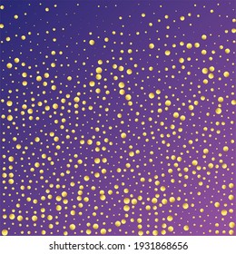 Gold Dot Confetti On Purple Neon Background. Isolated Vector Watercolor Garland. Abstract Flat Round Circles.   Golden Birthday Explosion Streamers. Watercolour Celebrate Card. Minimalist Anniversary 