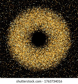 Gold Dot Paper Black Background. Christmas Round Banner. Golden Confetti Rich Postcard. Rain Golden Illustration.