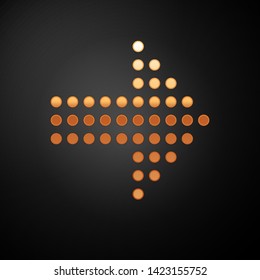 Gold Dots arrow icon isolated on black background. Halftone arrow. Dotted arrow sign.  Vector Illustration