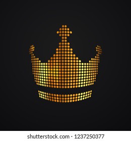 Gold dots crown vector isolated logo. Pixel art logotype diadema, corona on dark background