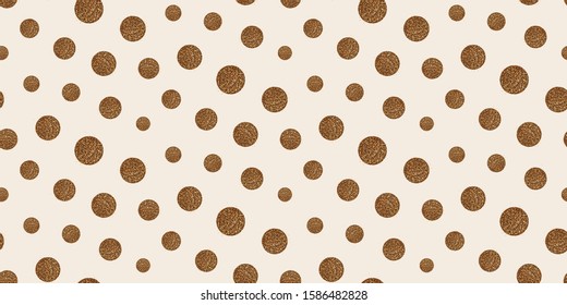 Gold dots on white background seamless pattern. Polka dot ornate. Perfect template for holiday cards, invitations, prints, scrapbooking, wrapping paper... Circles with gilter texture. Vector.