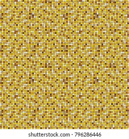 Gold dots pattern seamless background. Sparkle glitter techno mosaic. Flashing sequins club particles. Shimmer texture with shiny yellow and brown paillettes. Luxury vector rounds.