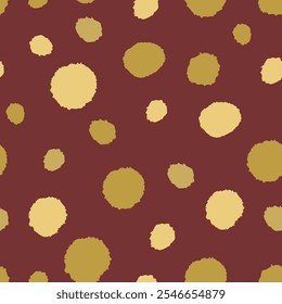 Patrón sin fisuras de puntos dorados. Manchas dibujadas a mano sobre fondo rojo oscuro. Abstractas telón de fondo.