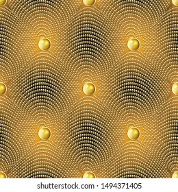 Gold dotted 3d vector seamless pattern. Textured ornamental halftone golden background. Luxury art deco repeat backdrop. Dotted lines geometric half tone ornament. Abstract modern surface texture.
