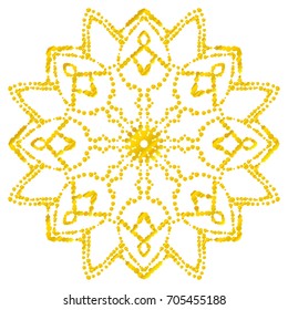 Gold dotted flower mandala. Decorative element. Ornamental round halftone isolated on white background. Geometric circle. Vector illustration.