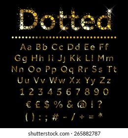 Gold dotted glittering metal alphabet. Vector gold font with additional currency, numbers and special symbols and signs.