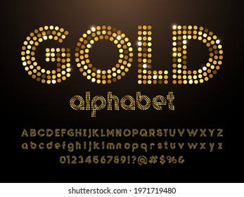 Gold dotted glittering style alphabet design with uppercase, lowercase, numbers and symbols