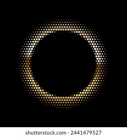 Gold dotted luxury halftone round frame. Golden shining abstract background with light glow elements. Glitter pattern circle logo. Modern futuristic graphic vector illustration. Glowing decoration.