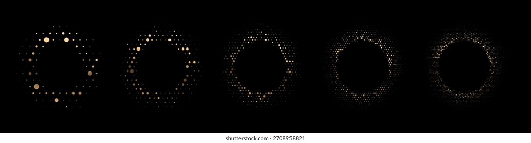Patrones redondos punteados dorados. Marcos dorados con efecto semitono. Abstractas fondo brillante con Elementos de brillo ligero. Emblema del círculo del patrón del brillo. Conjunto de Ilustración vectorial gráfica futurista moderno.