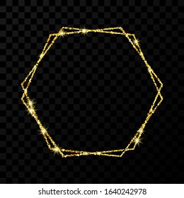 Gold double hexagon frame. Modern shiny frame with light effects isolated on dark transparent background. Vector illustration.