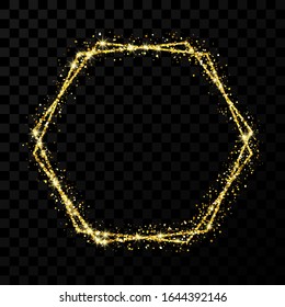 Gold double hexagon frame. Modern shiny frame with light effects isolated on dark transparent background. Vector illustration.
