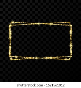 Gold double rectangle frame. Modern shiny frame with light effects isolated on dark transparent background. Vector illustration.