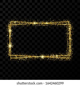 Gold double rectangle frame. Modern shiny frame with light effects isolated on dark transparent background. Vector illustration.