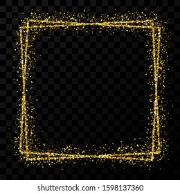 Gold double square frame. Modern shiny frame with light effects isolated on dark transparent background. Vector illustration.
