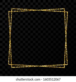 Gold double square frame. Modern shiny frame with light effects isolated on dark transparent background. Vector illustration.