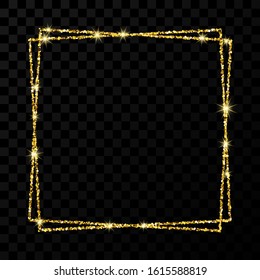 Gold double square frame. Modern shiny frame with light effects isolated on dark transparent background. Vector illustration.