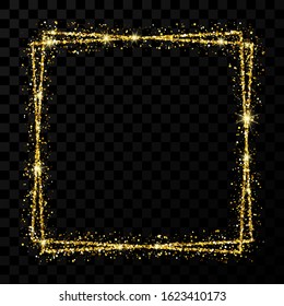 Gold double square frame. Modern shiny frame with light effects isolated on dark transparent background. Vector illustration.