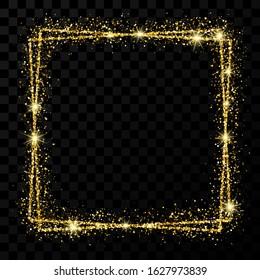 Gold double square frame. Modern shiny frame with light effects isolated on dark transparent background. Vector illustration.