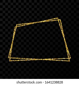 Gold double trapezoid frame. Modern shiny frame with light effects isolated on dark transparent background. Vector illustration.