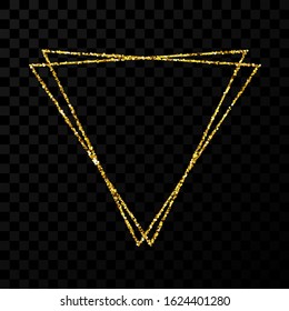 Gold double triangle frame. Modern shiny frame with light effects isolated on dark transparent background. Vector illustration.