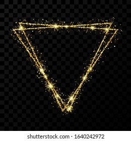 Gold double triangle frame. Modern shiny frame with light effects isolated on dark transparent background. Vector illustration.