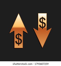 Las flechas Gold Up y Down con el símbolo del dólar aislado en el fondo negro. Concepto de negocio. Estilo de sombra larga. Vector.
