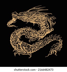 Gold dragon in black. Traditional Chinese or East Asian dragon. Vector illustration