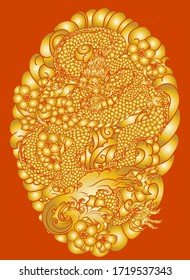 Gold dragon with daruma dall on red background.Chinese dragon tattoo.Lucky animal for Chinese new year.Illustration of Traditional chinese Dragon 