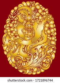 Gold dragon with daruma dall on red background. Lucky animal for Chinese new year.Illustration of Traditional chinese Dragon 