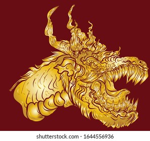 Gold Dragon monster head isolate on red background.Dragon raoring tattoo.