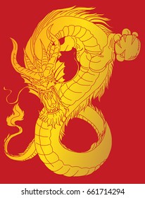 Gold Dragon on red background, Chinese Dragon and infinity shape