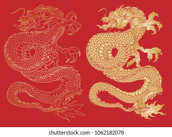 Gold dragon on red background.Chinese dragon tattoo.