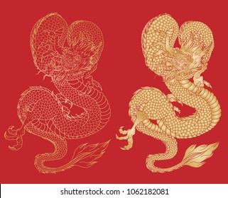 Gold dragon on red background.Chinese dragon tattoo.