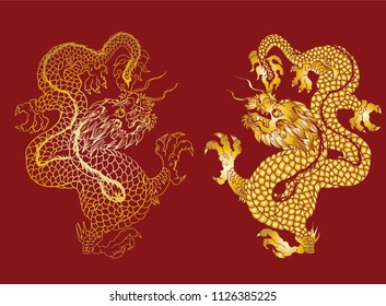 Gold dragon on red background.Chinese dragon tattoo.Lucky animal for Chinese new year.Illustration of Traditional chinese Dragon 